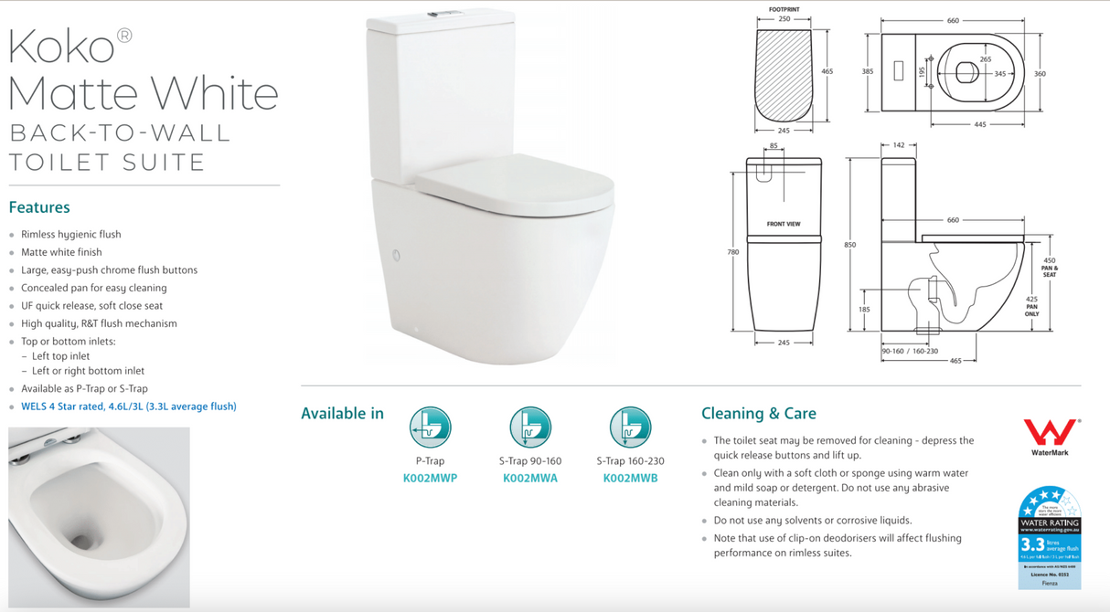 Fienza K002MWB Koko S Trap 160-230mm Toilet Suite, Matte White