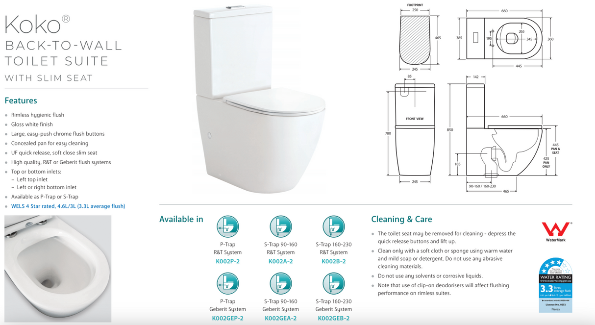 Fienza K003B-2 Empire Thin Seat S-Trap 160-230mm Toilet Suite