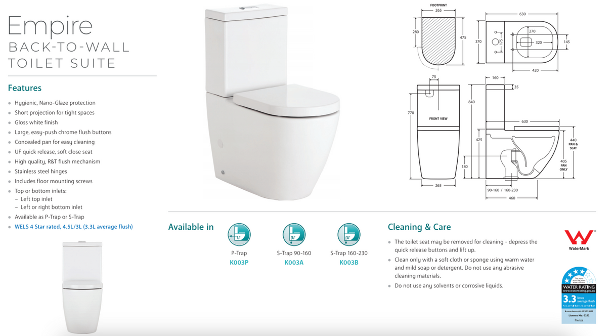 Fienza K003A Empire S-Trap 90-160mm Toilet Suite