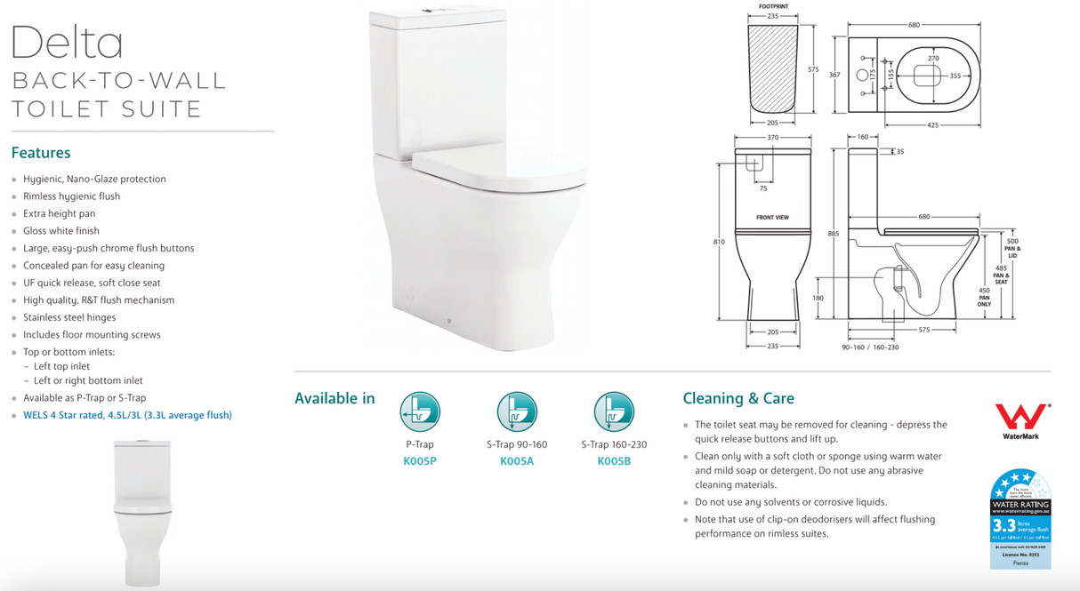 Fienza K005B Delta S-Trap 160-230mm Toilet Suite, White - Chrome Buttons