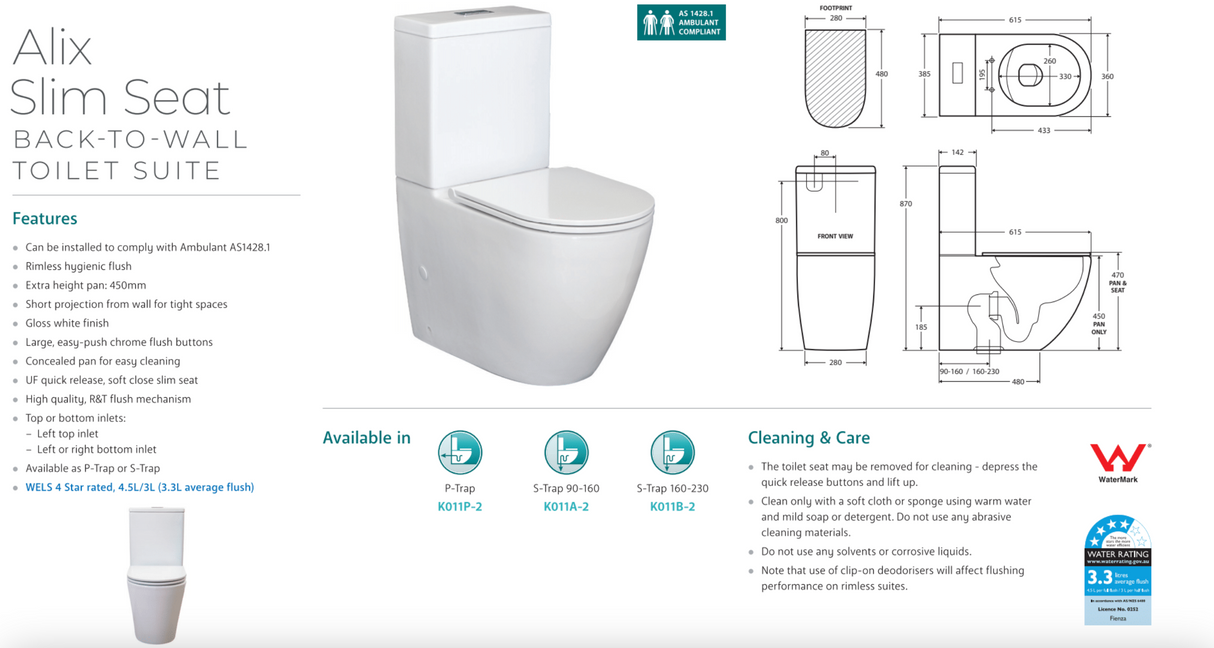 Fienza K011A-2 Alix Extended Height S Trap 90-160 Slim Seat Toilet, White