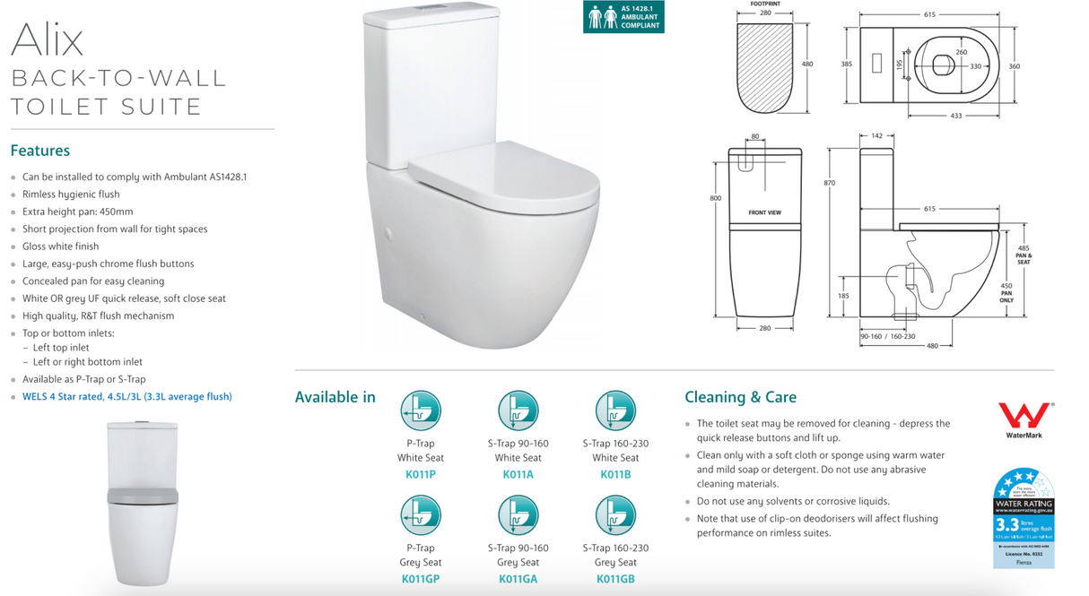 Fienza K011A Alix Extended Height S-Trap 90-160mm Toilet Suite, White