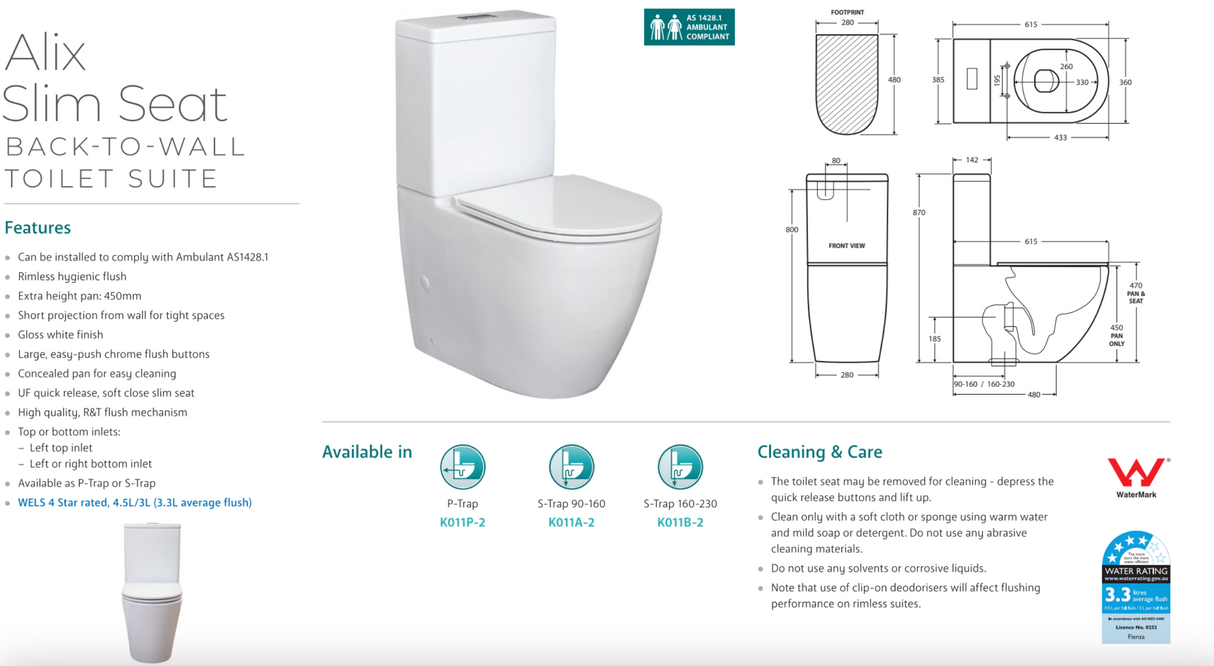 Fienza K011B-2 Alix Extended Height Slim Seat S-Trap 160-230mm Toilet Suite, White