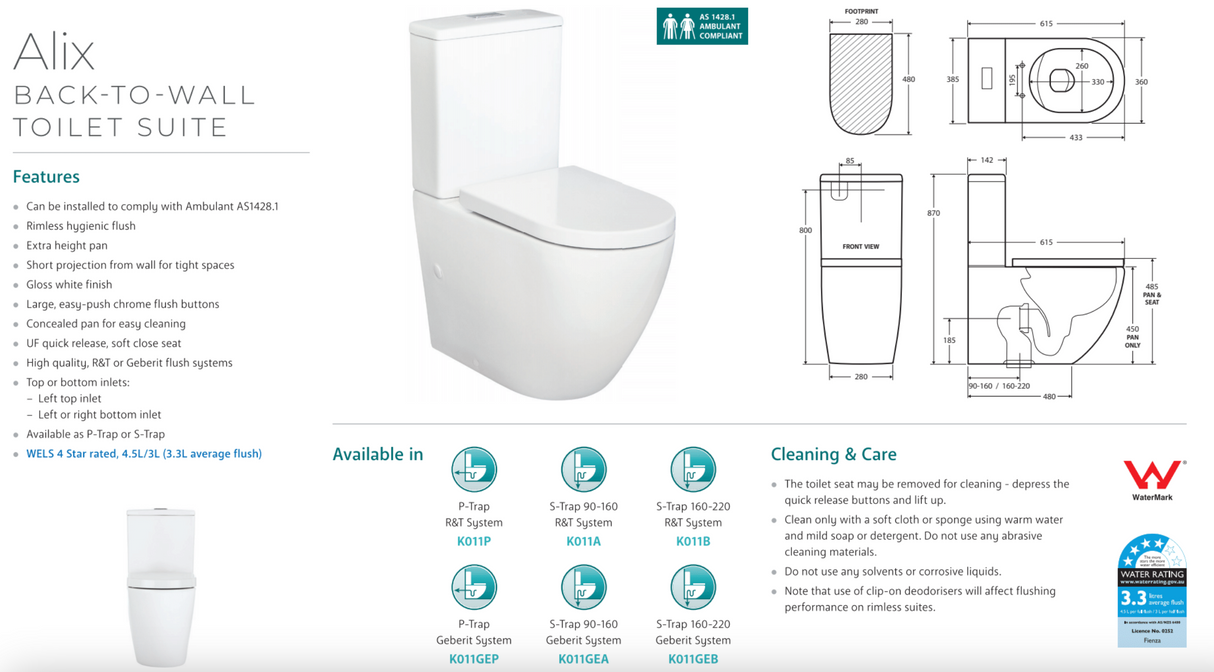 Fienza K011B Alix Extended Height S-Trap 160-230mm Toilet Suite, White