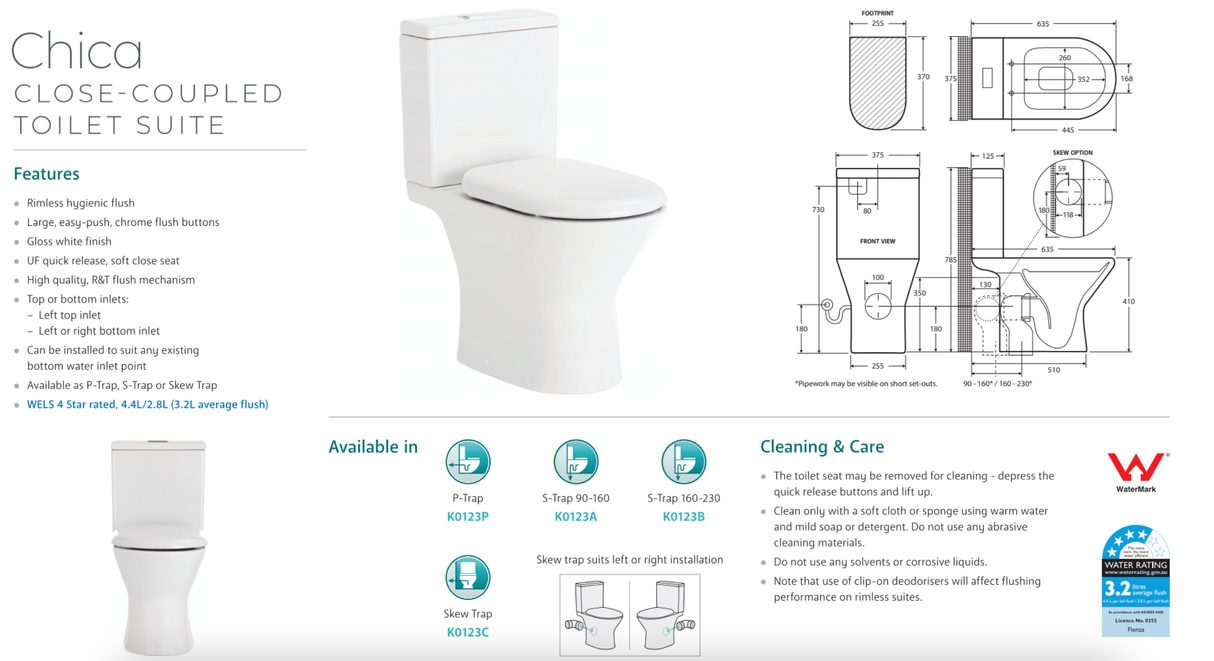 Fienza K0123C Chica Close Coupled Toilet (Skew Trap), White