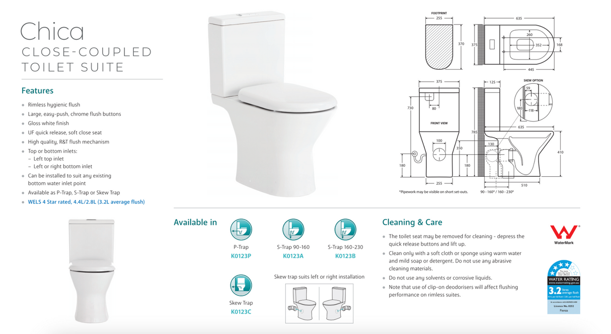 Fienza K0123A Chica Close Coupled S-Trap 90-160mm Toilet, White