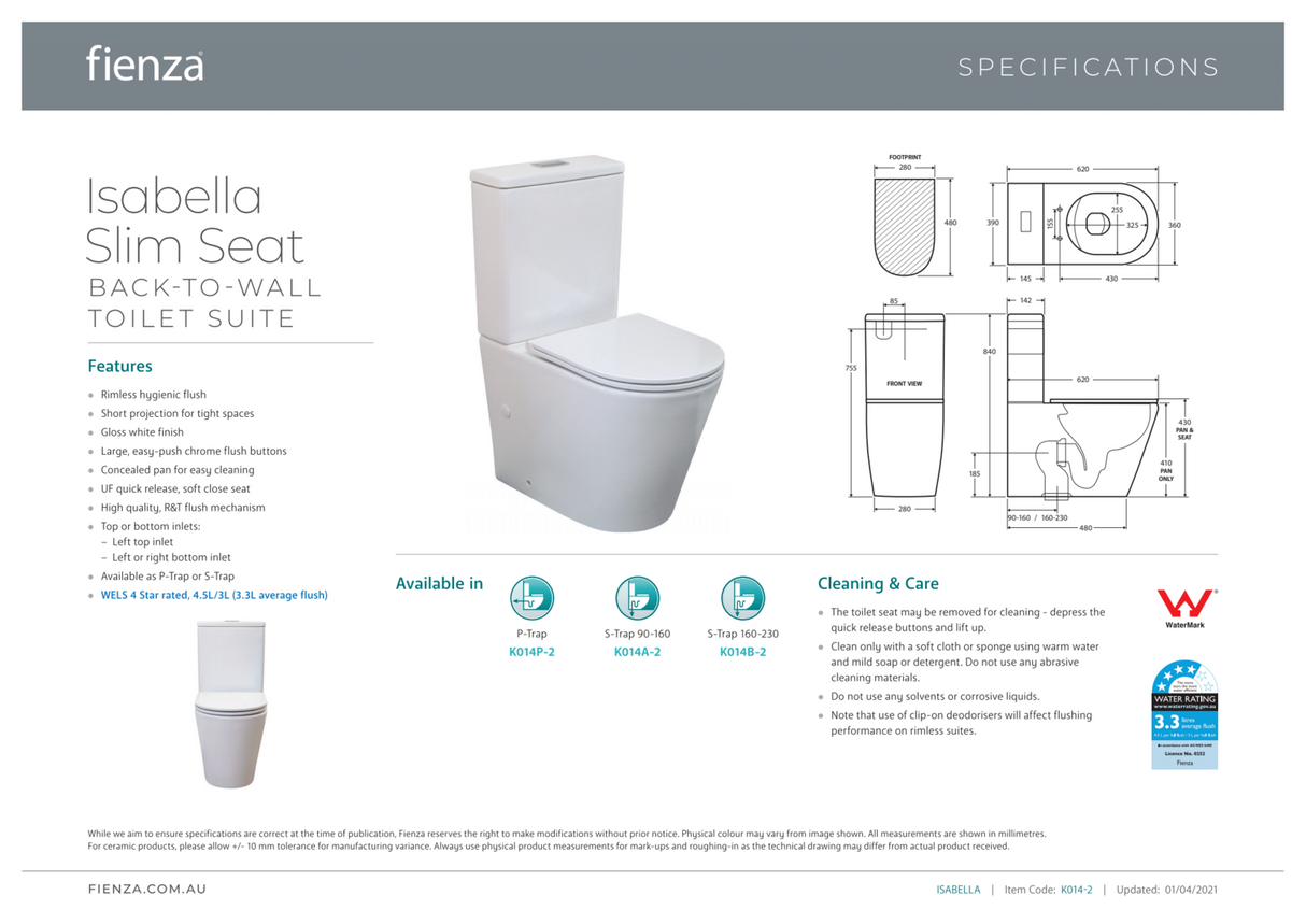 Fienza K014B-2 Isabella Slim Seat S-Trap 160-230mm Toilet Suite, White
