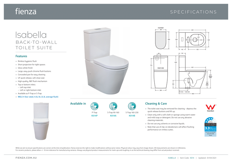 Fienza K014A Isabella S-Trap 90-160mm Toilet Suite, White - Special Order