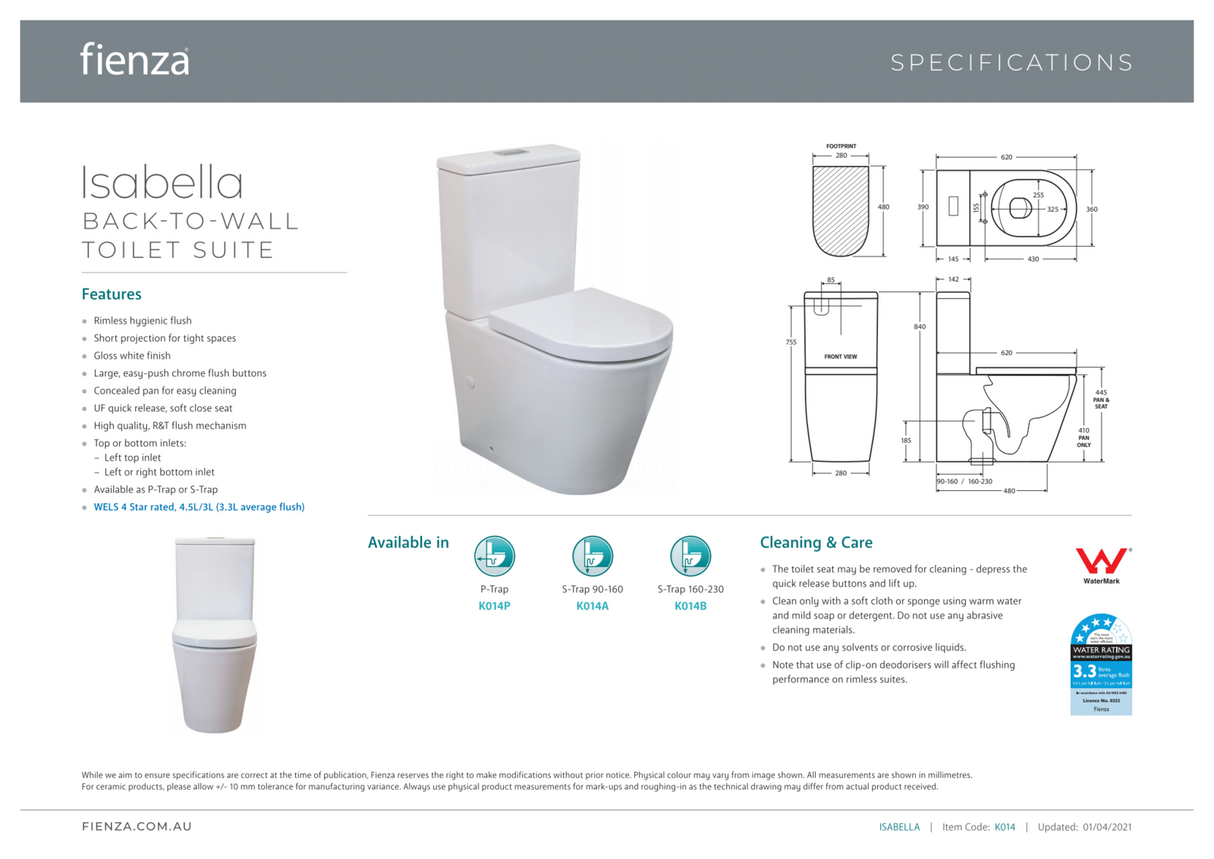 Fienza K014B Isabella S-Trap 160-230mm Toilet Suite, White