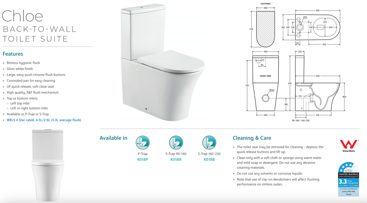 Fienza K018B Chloe S-Trap 160-230mm Back to Wall Toilet, White