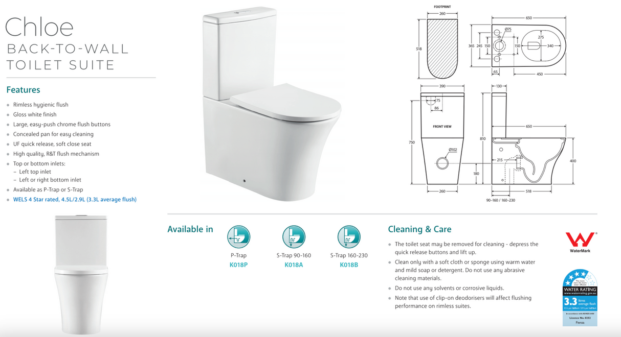 Fienza K018P Chloe Back to Wall P-Trap Toilet, White