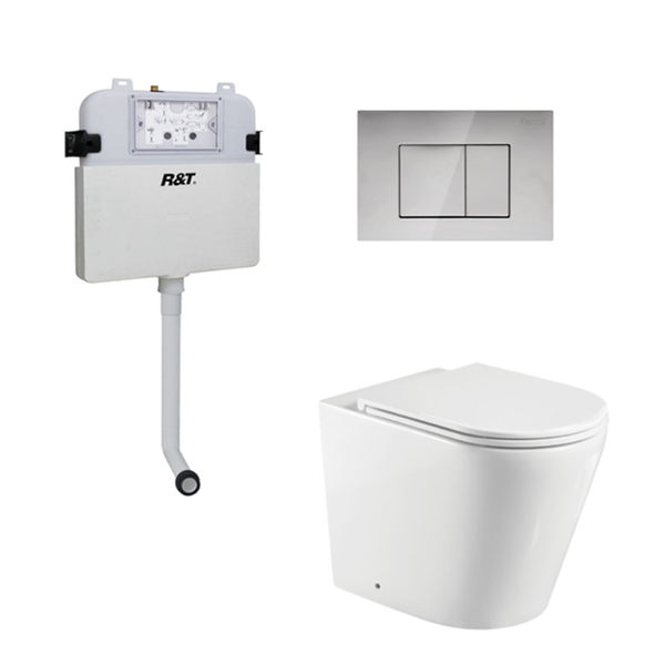 Fienza Isabella Toilet Package, Wall Faced Toilet Slim Seat, R&T Inwall Cistern, Chrome Square Buttons, K019A-PS-2, G30032, JB60C - Special Order