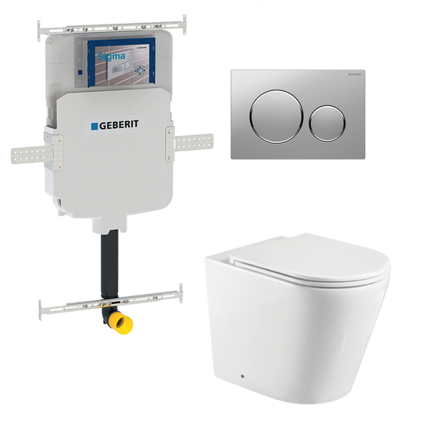 Fienza Geberit Toilet Package Isabella Wall Faced Gloss White Pan Slim Seat, Geberit Inwall Cistern, Sigma 20 Matte Chrome Buttons - Special Order