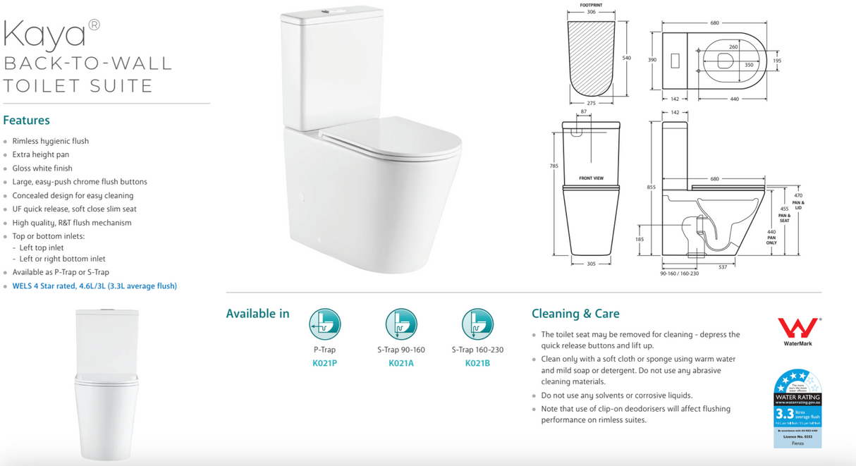 Fienza K021B Kaya S Trap 160-230mm Back to Wall Toilet, White