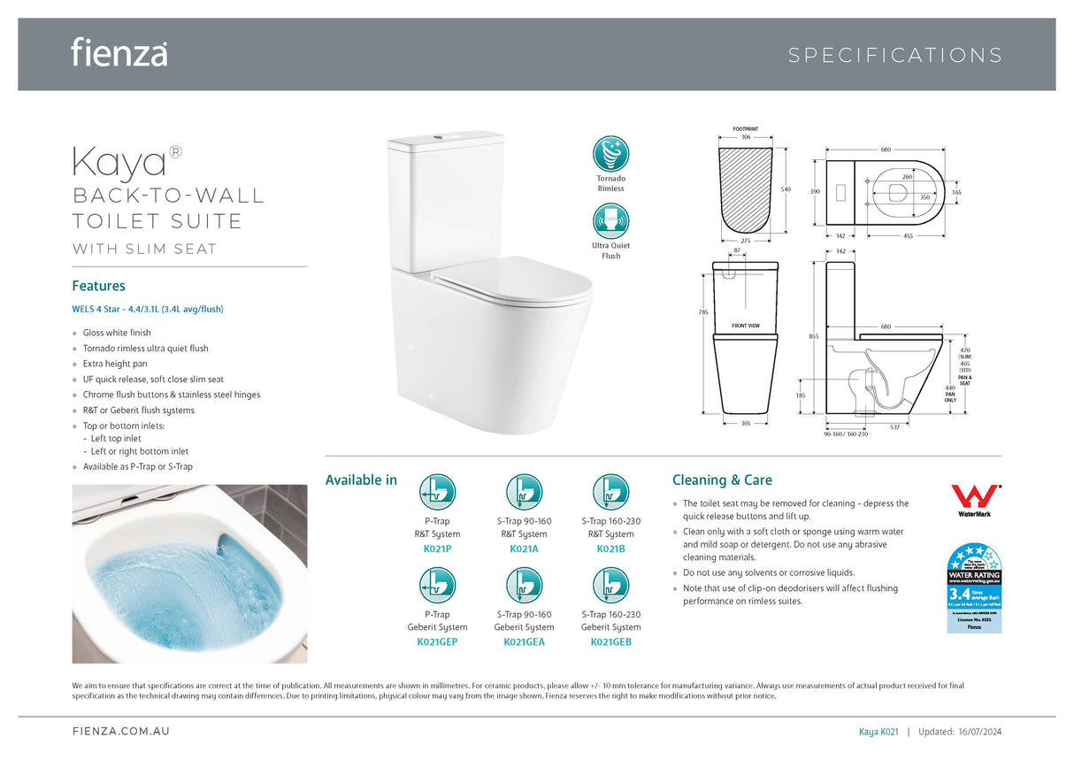 Fienza K021GEB Geberit Kaya Tornado Back to Wall Toilet Suite, Slim Seat, S Trap, 160-230, Gloss White