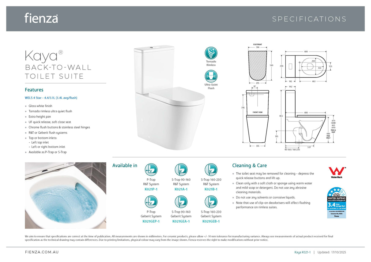 Fienza K021P Kaya Tornado Back to Wall Toilet Suite, P Trap, Gloss White