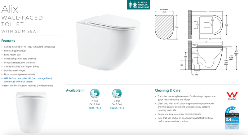 Fienza K025A-PS-2 Alix Ambulant Wall-Faced Toilet Suite, Slim Seat, S-Trap - Special Order