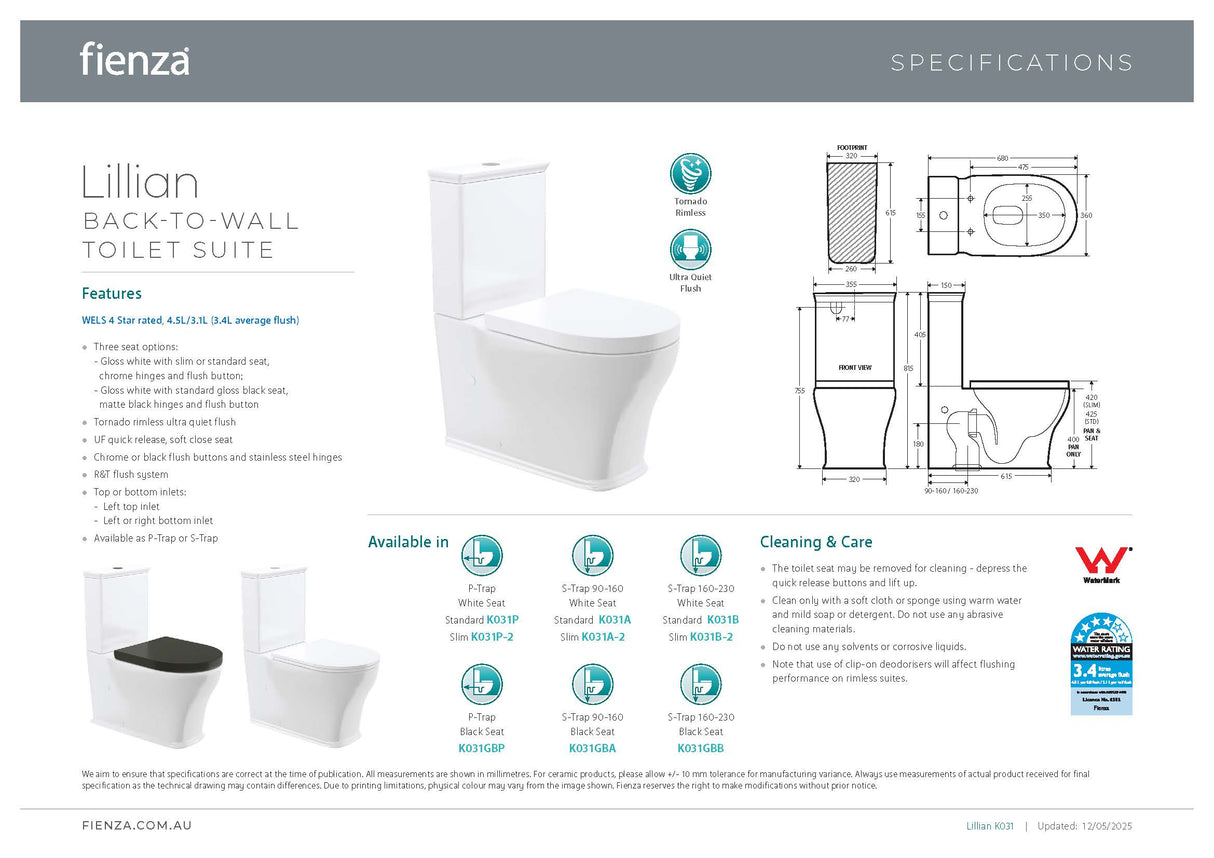 Fienza K031A Lillian Tornado Back to Wall Toilet Suite, S Trap, 90-160mm, R&T Cistern, Thick Seat, Gloss White