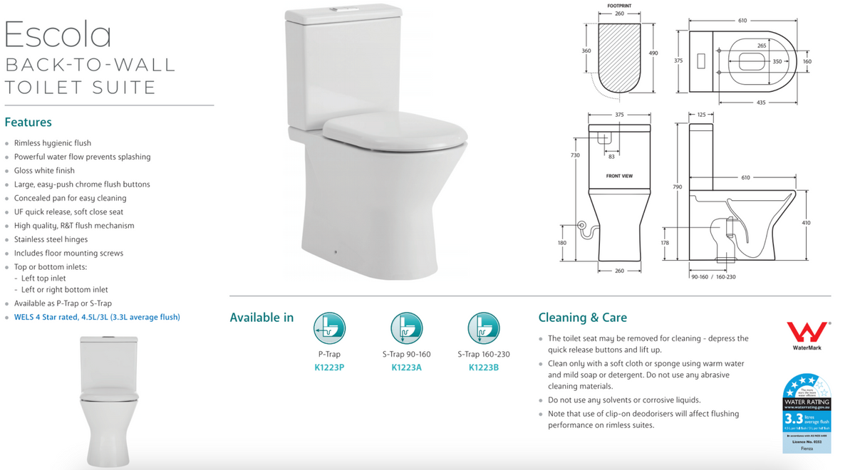 Fienza K1223B Escola Suite S-Trap 160-230mm Toilet, White