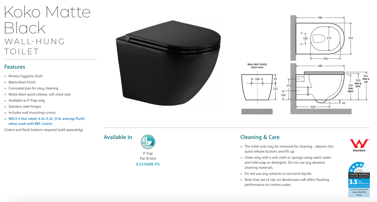 Fienza K2376MB-PS Koko Matte Black Wall-Hung Toilet Suite