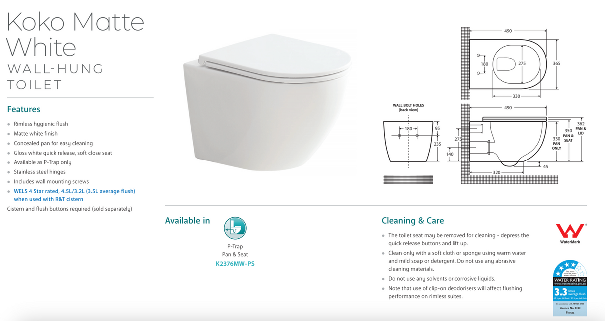 Fienza K2376MW-PS Koko Matte White Wall-Hung Toilet Suite