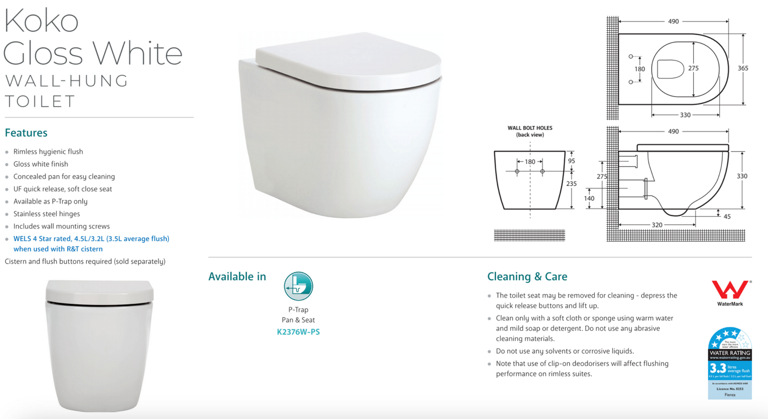 Fienza K2376W-PS Koko Gloss White Wall-Hung Toilet Suite