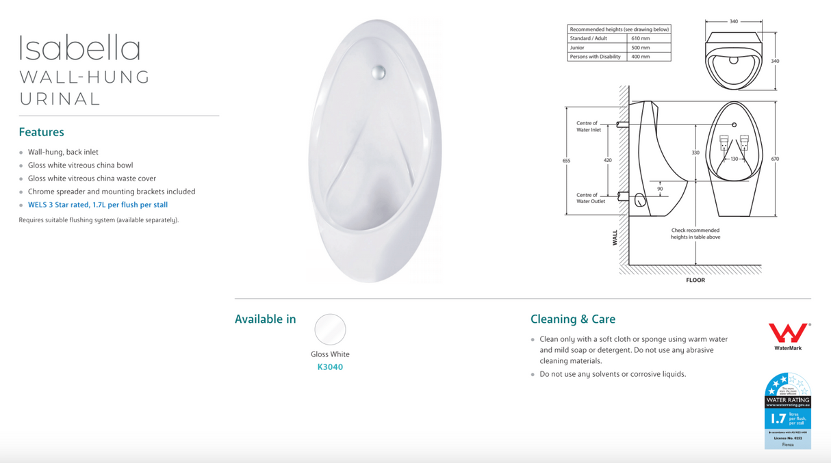 Fienza Isabella K3040Z Single Stall Urinal Kit with Zip® FlushMaster®