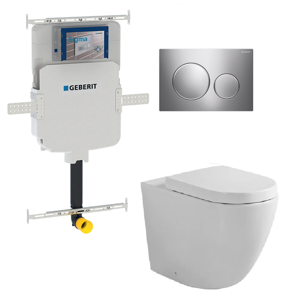 Fienza Toilet Package, Koko Gloss White Wall Face Toilet Pan to Floor, Gerberit Sigma 8 Inwall Cistern with Sigma 20 Flush Plate Chrome - Special Order