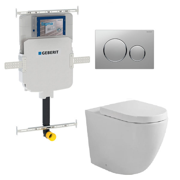Fienza Toilet Package, Koko Gloss White Wall Face Toilet Pan to Floor, Gerberit Sigma 8 Inwall Cistern with Sigma 20 Flush Plate Matte Chrome Buttons - Special Order - Special Order