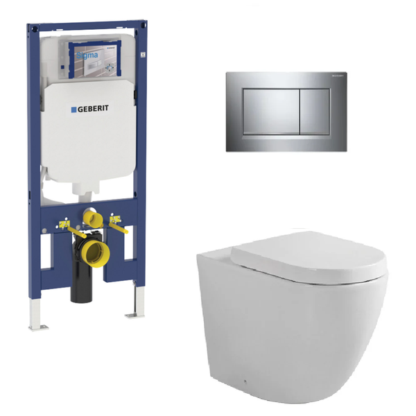 Fienza Toilet Package, Koko Gloss White Wall Hung Pan, Sigma 8 Inwall Cistern Frame with Sigma 30 Flush Plate Chrome - Special Order