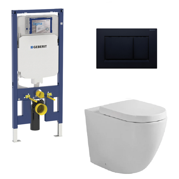 Fienza Toilet Package, Koko Gloss White Wall Hung Pan, Sigma 8 Inwall Cistern Frame with Sigma 30 Flush Plate Matte Black - Special Order