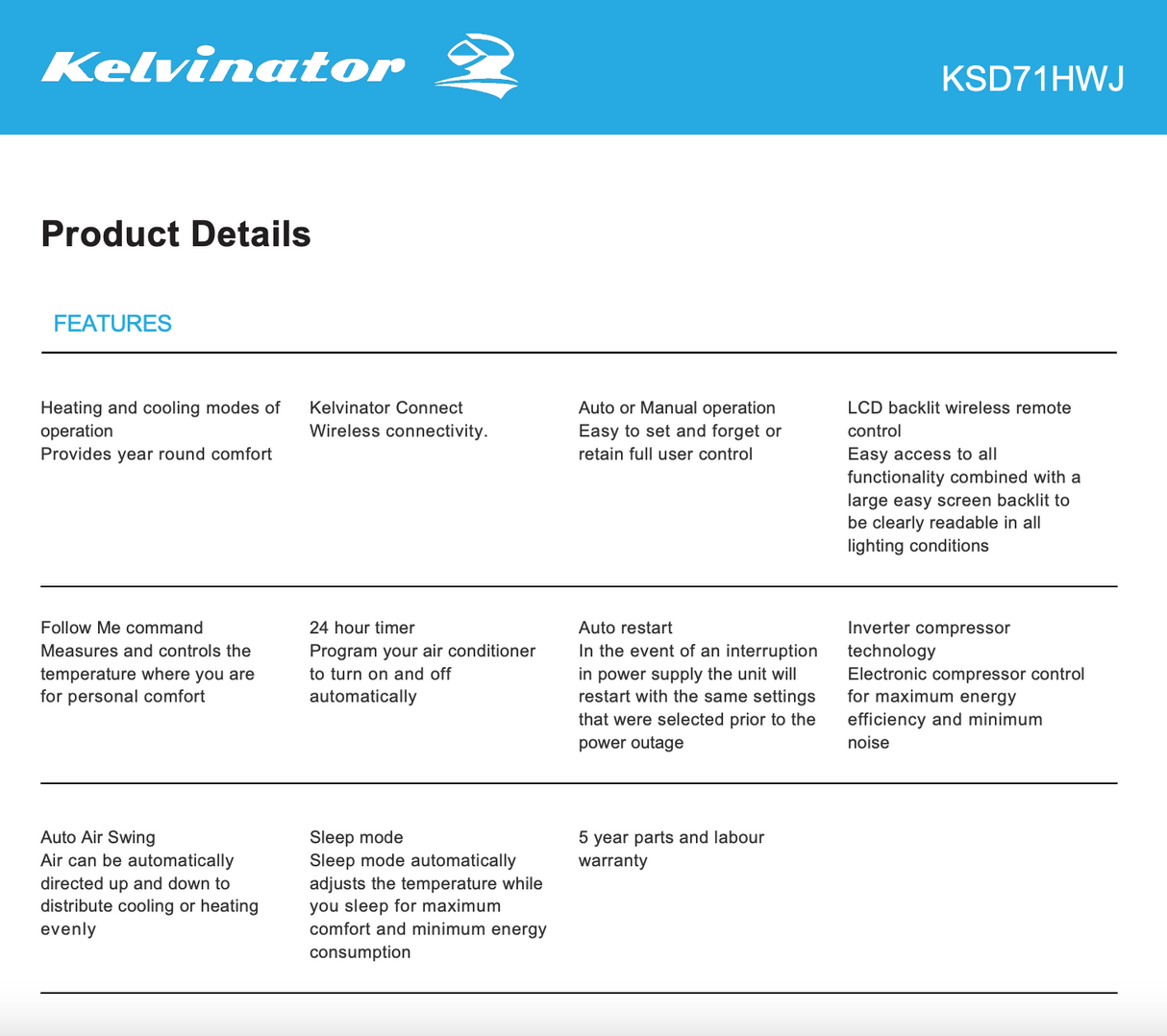 Kelvinator KSD71HWJ 7.1kW Split System Reverse Cycle Inverter Air Conditioner