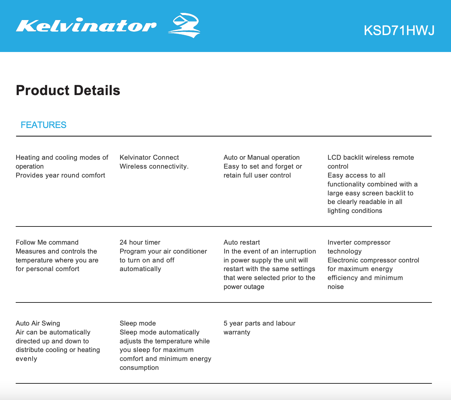 Kelvinator KSD71HWJ 7.1kW Split System Reverse Cycle Inverter Air Conditioner