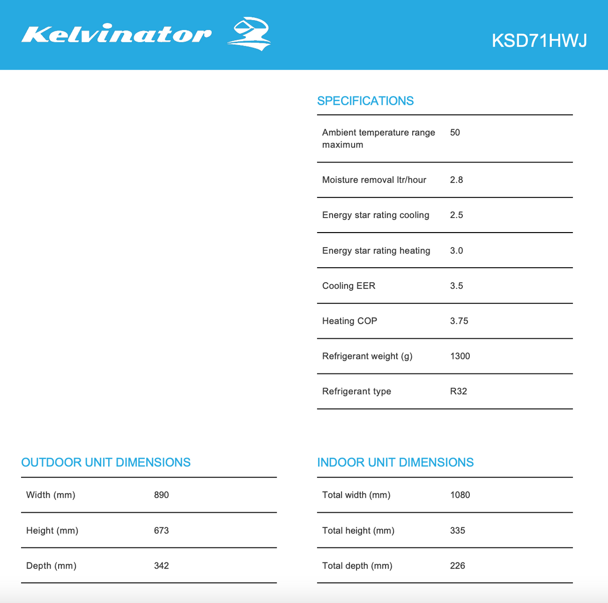 Kelvinator KSD71HWJ 7.1kW Split System Reverse Cycle Inverter Air Conditioner
