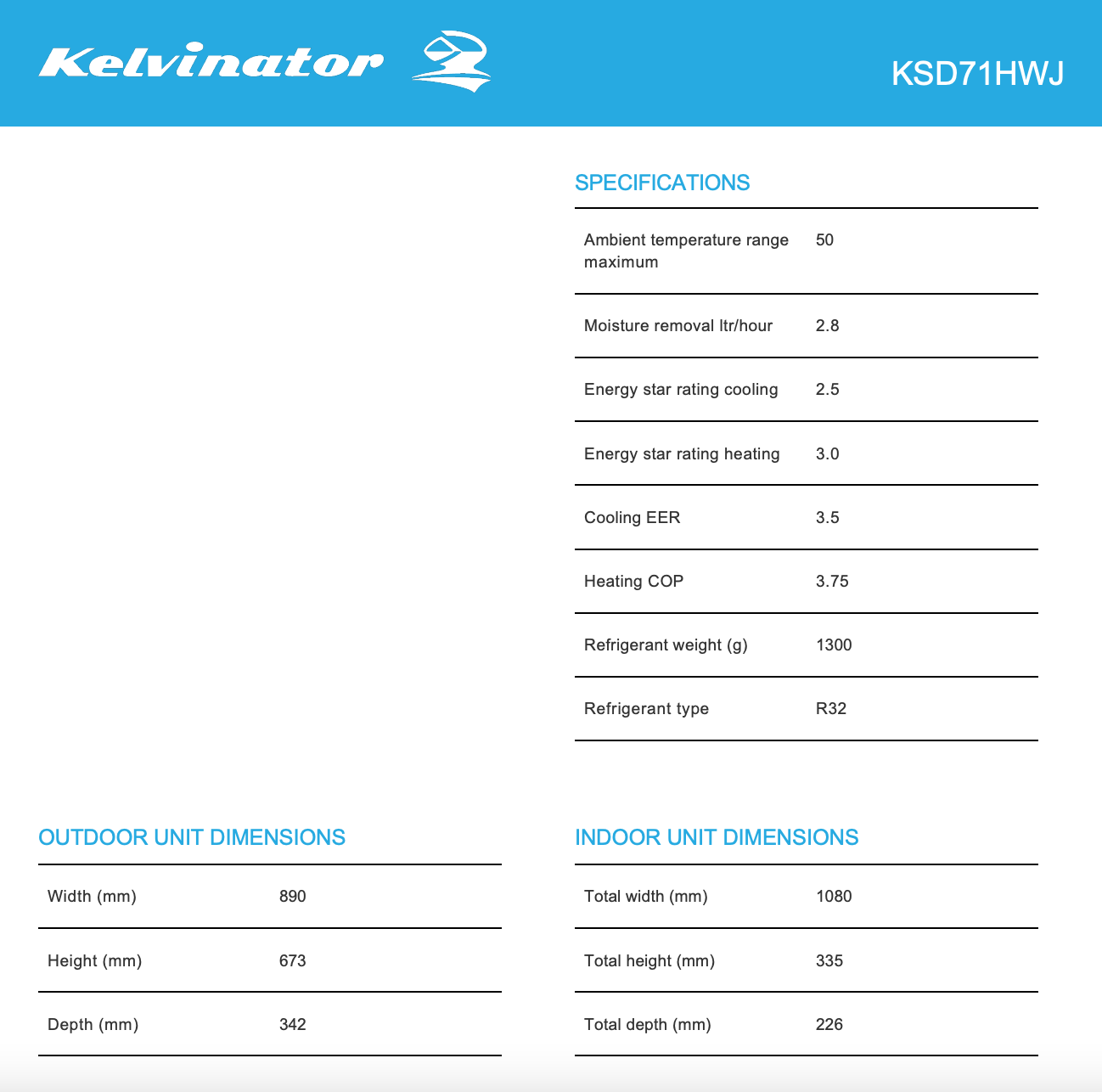 Kelvinator KSD71HWJ 7.1kW Split System Reverse Cycle Inverter Air Conditioner