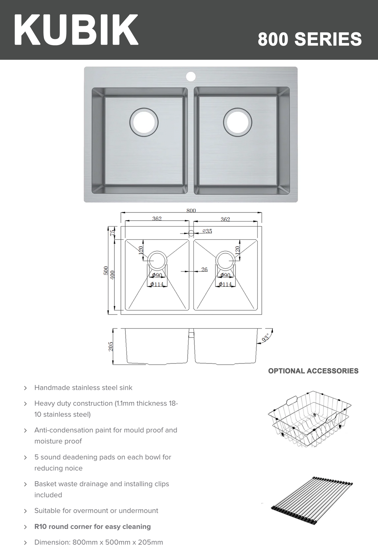 Kubik 800 Series Double Bowl Stainless Steel Sink and Mixer Tap with Accessories