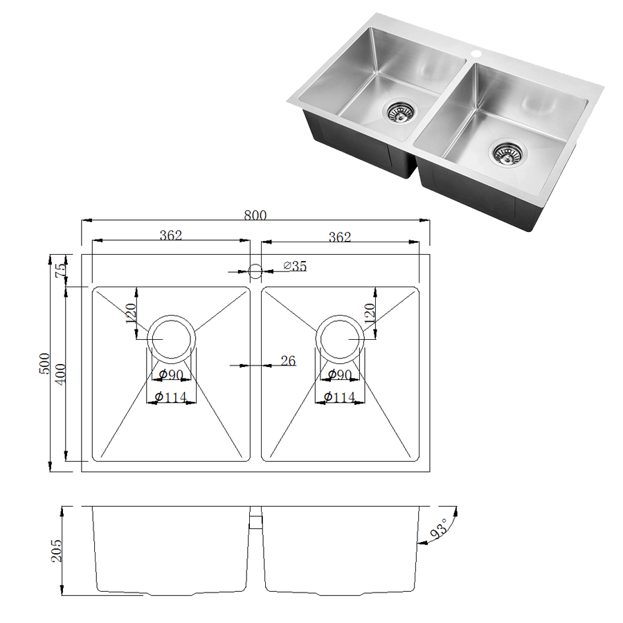 Kubik 800 Series Double Bowl Stainless Steel Sink and Mixer Tap with Accessories