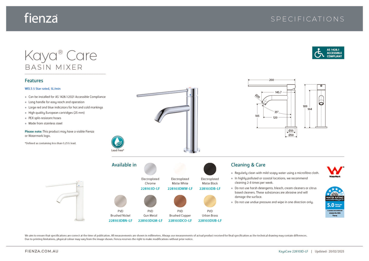 Fienza 228103DB-LF Kaya Care Basin Mixer Matte Black