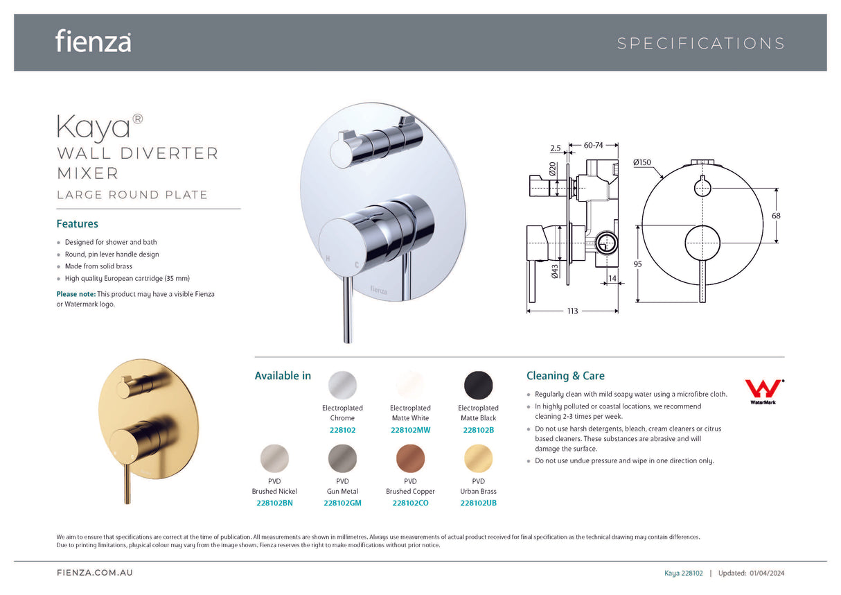 Fienza 228102-LF Kaya Large Round Plate Wall Diverter Mixer, Lead Free, Chrome