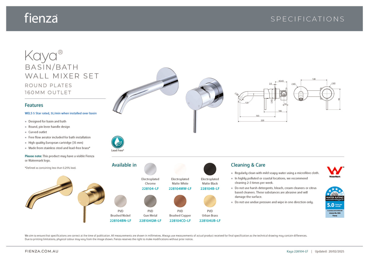 Fienza 228104-LF Kaya Wall Basin/Bath Mixer Set, Round Plates, Chrome, 160mm Outlet