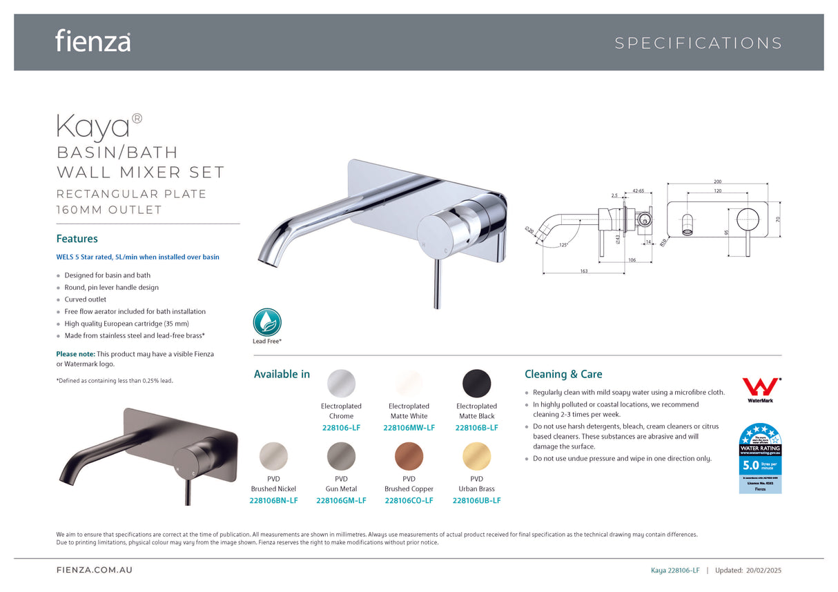 Fienza 228106-LF Kaya Wall Basin/Bath Mixer Set, Rectangular Plate, 160mm Outlet