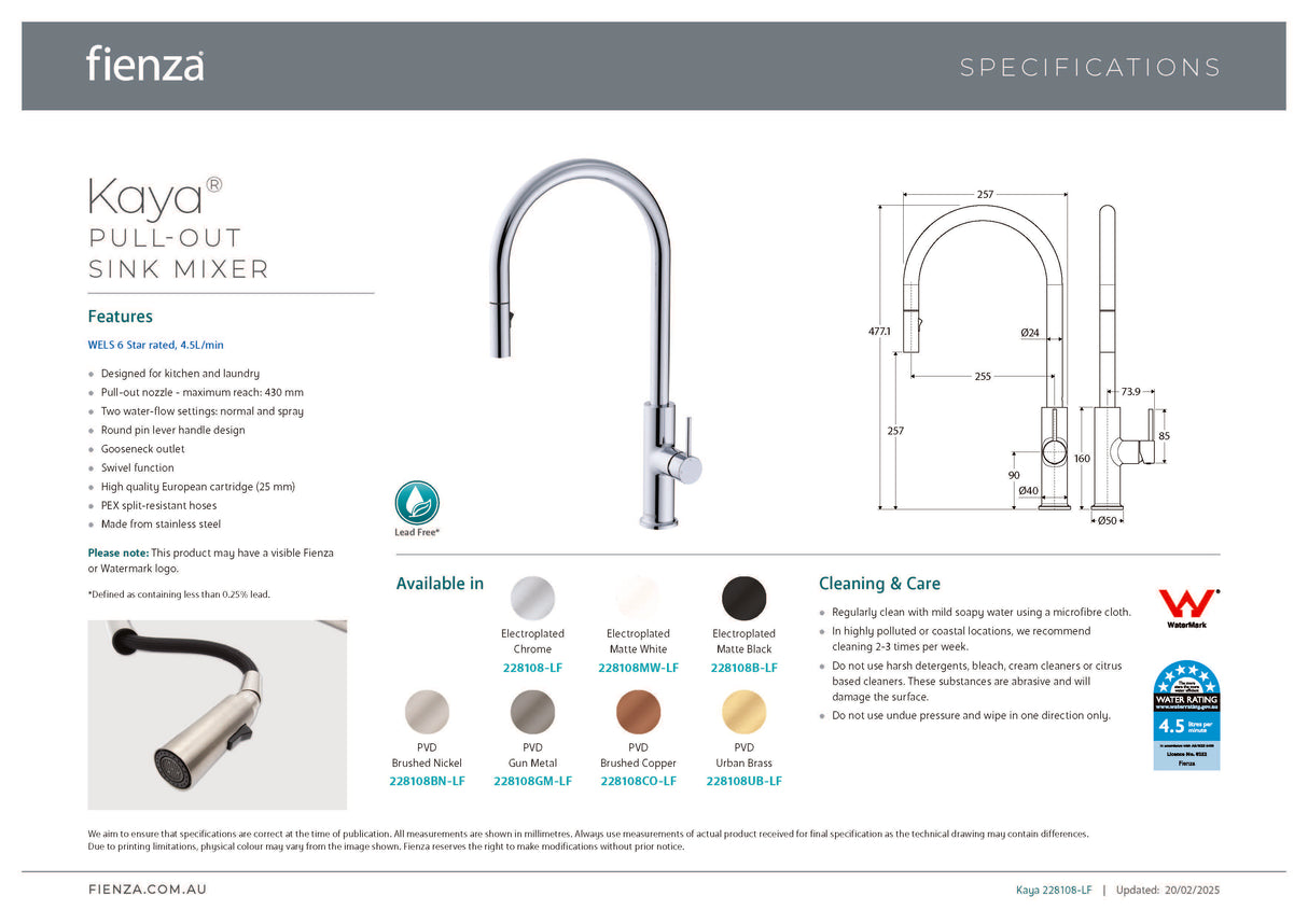 Fienza 228108UB-LF Kaya Pull Out Sink Mixer, Urban Brass