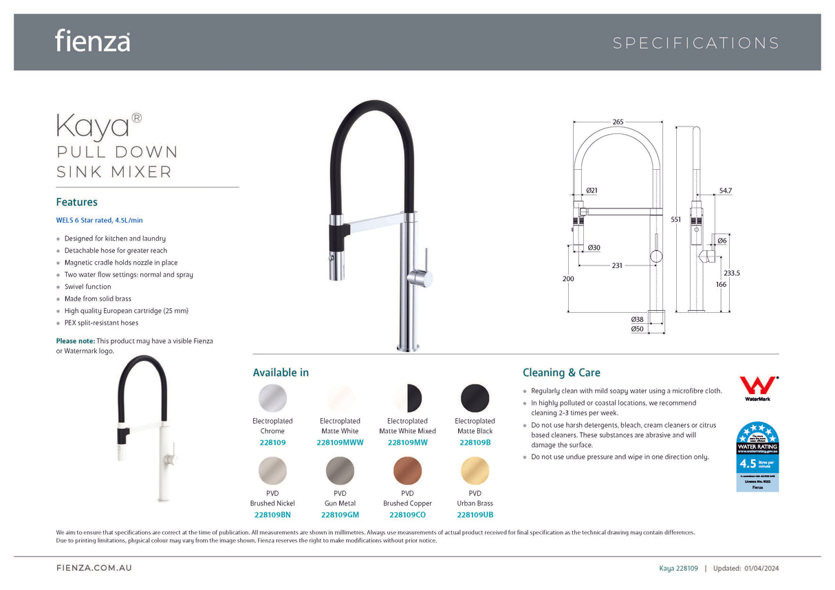Fienza Kaya 228109B-LF Pull Down Mixer Tap, Matte Black