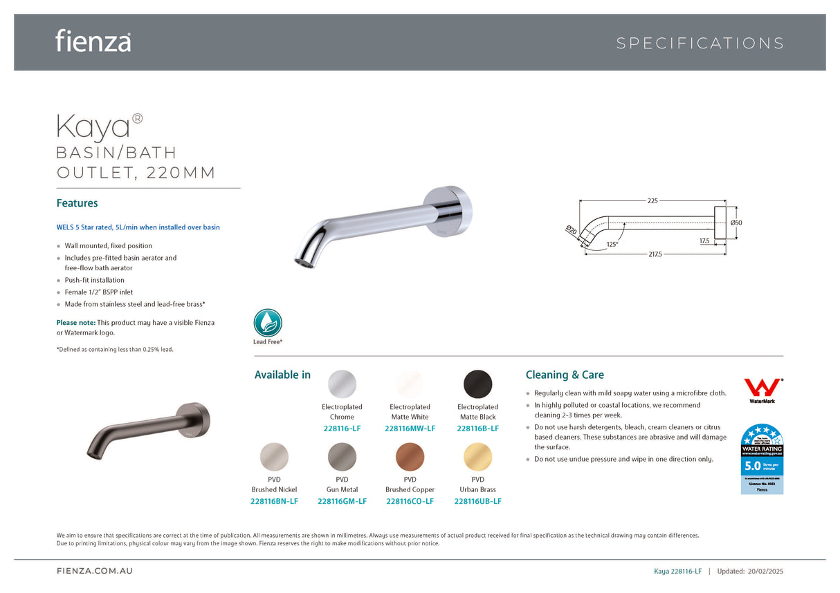 Fienza 228116BN-LF Kaya Bath / Basin Outlet 220mm, Brushed Nickel