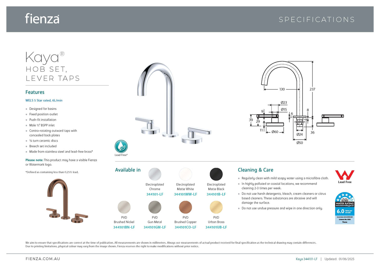 Fienza 344101B-LF Kaya Round Hob Set Lever Taps Matte Black
