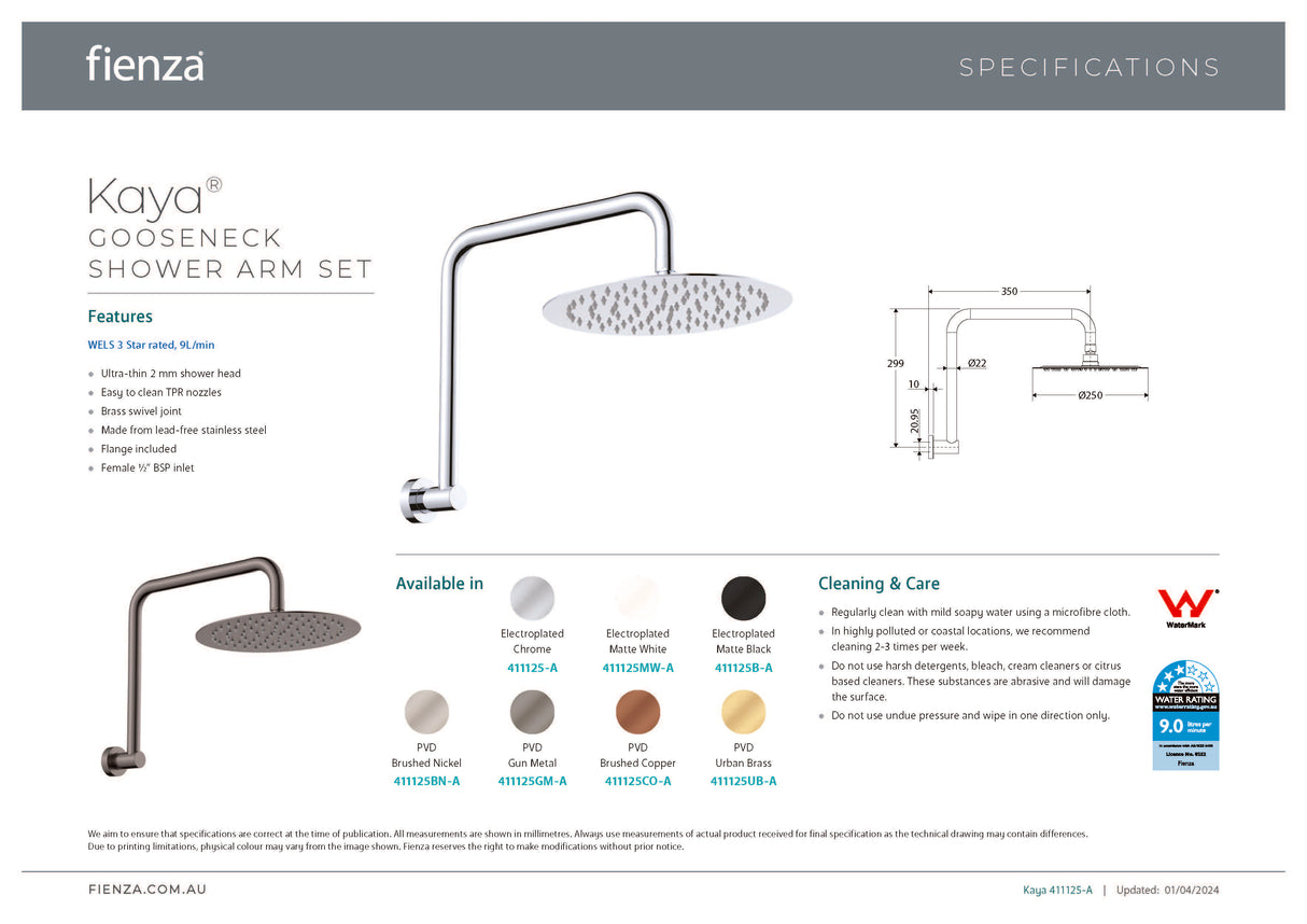 Fienza 411125MW-A Kaya Goosneck Shower Arm Set, Matte White