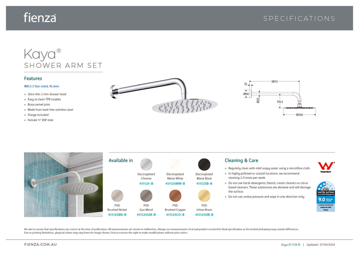 Fienza 411125CO-B Kaya Shower Arm Set, Brushed Copper