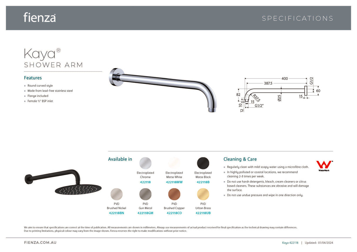 Fienza 422118GM Kaya Shower Arm, Gunmetal Grey