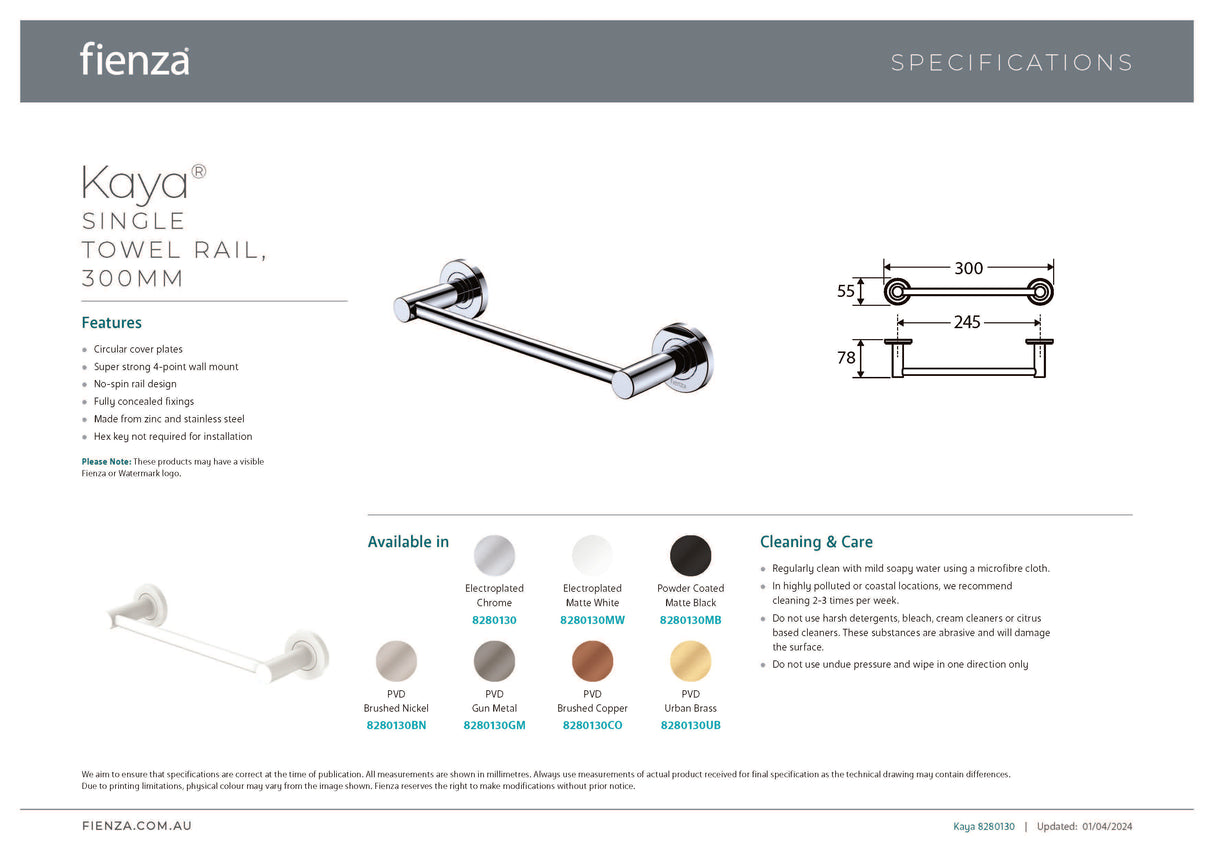 Fienza 8280130 Kaya Single Towel Rail, 300mm, Chrome