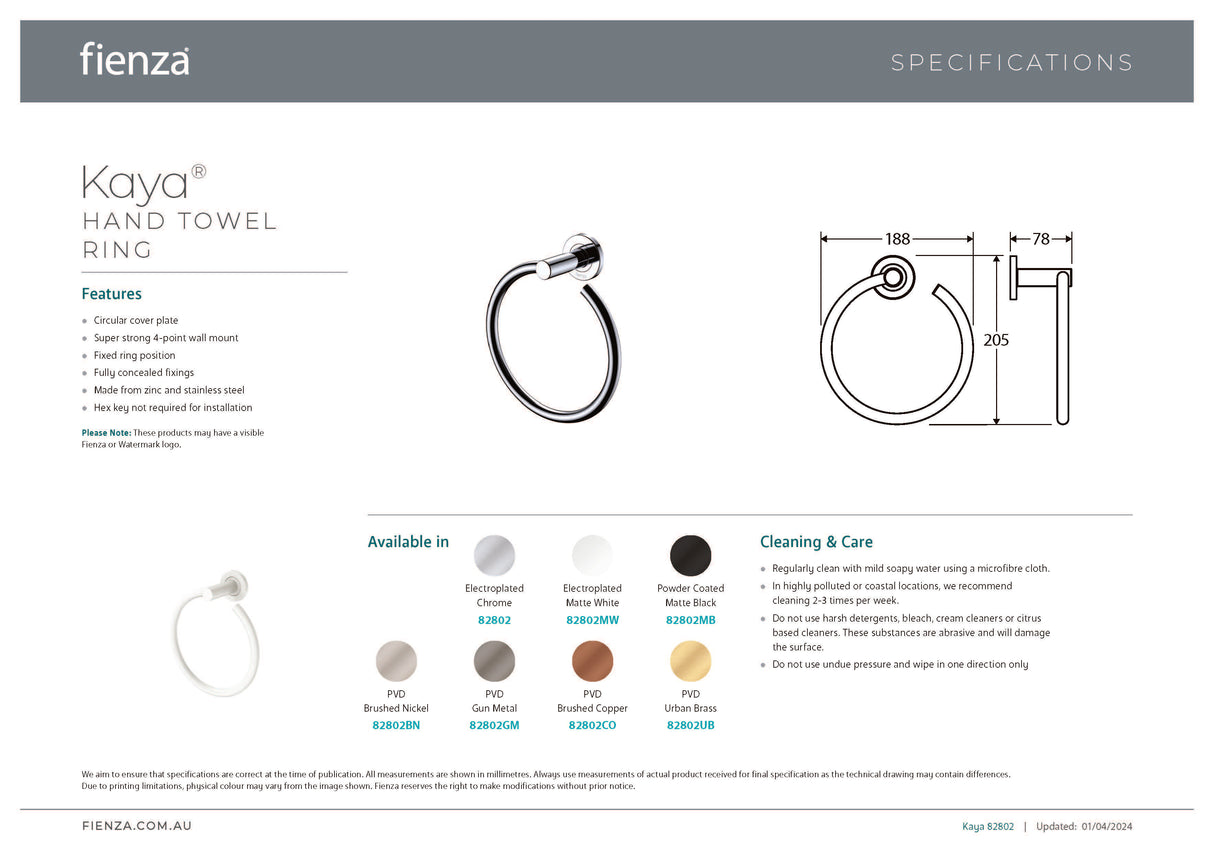Fienza 82802MB Kaya Hand Towel Ring, Matte Black